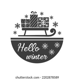 Hello winter Christmas door hanger. Vector Farmhouse quotes. Round Christmas sign. Winter holiday design. Isolated on white background.