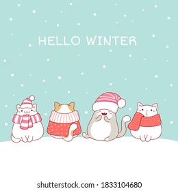 Hello winter. Christmas greeting card with four cute fat cats in scarves and hats. Four lovely cats in kawaii style on snow. Vector EPS8