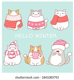 Hello winter. Christmas greeting card with four cute fat cats in scarves and hats. Six lovely cats in kawaii style on blue background. Vector EPS8