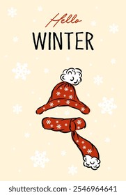 Hello winter Christmas greeting card, cute design