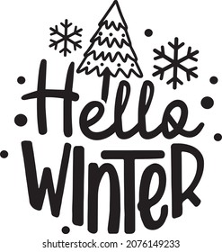 Hello Winter. Christmas hand drawn holiday lettering collection. Elements, icons. New Year lettering, sayings. Seasonal greetings calligraphy. Holiday Vector Illustration.
