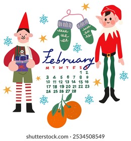 Hello winter Christmas illustration. Modern cute printable New Year winter calendar. Vector cozy February 2025 calendar. Traditional Christmas and New Year flat vector elements