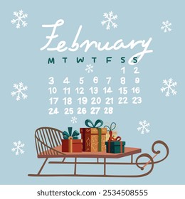 Hello winter Christmas illustration. Modern cute printable New Year winter calendar. Vector cozy February 2025 calendar. Traditional Christmas and New Year flat vector elements