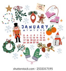 Hello winter Christmas illustration. Vector cozy January 2025 calendar. Traditional Christmas and New Year flat vector elements. Modern cute printable New Year winter calendar
