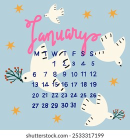 Hola ilustración de Navidades de invierno. Vector acogedor de enero de 2025. Navidades tradicionales y Elementos de Vector plano de año Nuevo. Moderno lindo imprimible Nuevo año calendario de invierno