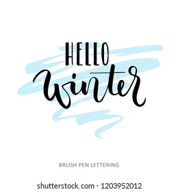 Hello winter. Christmas inspiration quote. Black typography on white background