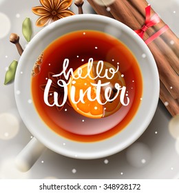 Hello winter Christmas mulled wine with spices vector illustration