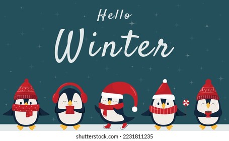 Hello winter - christmas pinguins in flat style. Winter pinguins in red hats and scarf on dark night background. Merry Christmas concept with cute cartoon birds