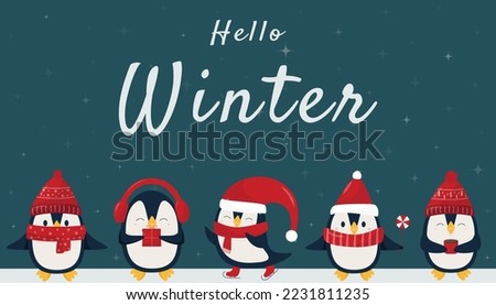 Hello winter - christmas pinguins in flat style. Winter pinguins in red hats and scarf on dark night background. Merry Christmas concept with cute cartoon birds