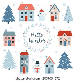 Hello winter. Christmas set with a variety of houses, trees and snowmen on a white background. Simple cartoon style.