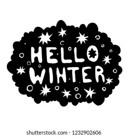 Hello winter. Cloud. Lettering / typography. Vector logo, emblems, text design. Usable for banners, greeting cards, gifts etc.