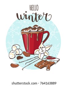 Hello winter Cocoa with marshmallow. Vector illustration with hot drink and its ingredients on blue circle with snowflakes and handwriting. Hand drawn doodle for recipe card, poster or menu design.