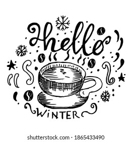 Hello Winter with coffee, doodle sketch