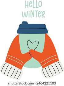 Hello Winter Coffee Sticker Vector Illustration