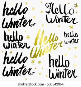Hello Winter Collection text. Vector. Lettering. Drawing by hand. Caption brush. Letters.