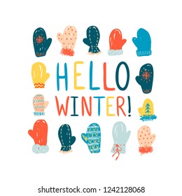 Hello winter. Colorful vector greeting card with doodle mittens