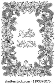 Hello Winter Coloring page with birds and winter natural object composition. New year and Christmas black and white square template for greeting cards, coloring page and covers with text place.