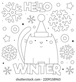 Hello Winter. Coloring page. Black and white vector illustration of a cat