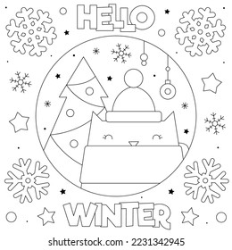Hello Winter. Coloring page. Black and white vector illustration of a cat and Christmas tree