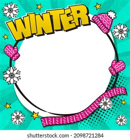 Hola Winter Comic cuadro redondo con Winter tejiendo al estilo de popart. Caja vacía para texto con copos de nieve congelados. Ilustración del vector de dibujos animados. Plantilla para ofertas, anuncios o promociones