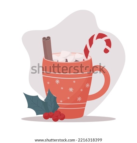 hello winter composition with christmas cup of hot beverage 