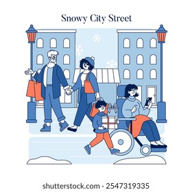 Hello Winter concept. Animated family enjoys a shopping trip in a tranquil snowy city street. Seasonal urban scene with playful snowflakes. Vector illustration.