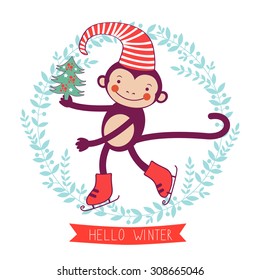 Hello winter concept card with monkey - symbol of 2016 new year. Vector illustration