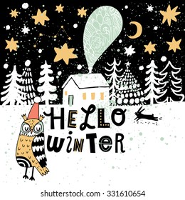 Hello winter concept card in vector. Lovely winter background in stylish colors. Winter composition for cute holiday designs