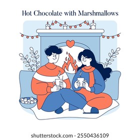 Hello Winter concept. Cozy couple enjoying hot chocolate by the fireplace, celebrating winter warmth indoors. Home comfort and holiday season. Vector illustration.