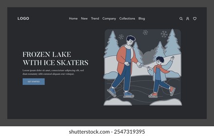 Hello Winter concept. Family bonding time with ice skating on a frozen lake surrounded by snowy pine trees. Enjoying winter sports and leisure. Vector illustration.