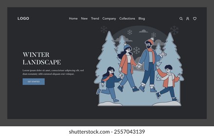 Hello Winter concept. A family enjoying a leisurely walk in a serene winter landscape with snow-covered trees. Seasonal joy and family moments. Vector illustration.