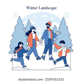 Hello Winter concept. A family enjoying a leisurely walk in a snowy winter landscape with evergreen trees. Seasonal outdoor activity and family bonding time. Vector illustration.