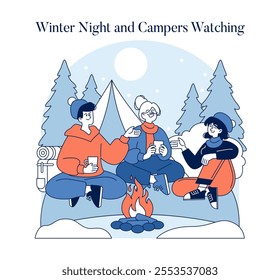 Hello Winter concept. Friends enjoy a cozy campfire night in a snowy landscape, sharing warmth and stories. Outdoor camping adventure. Vector illustration.