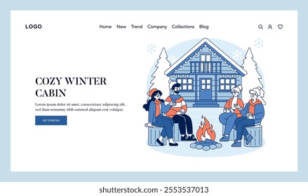 Hello Winter concept. Friends gather by a warm fire outside a cozy winter cabin, enjoying the chilly weather. Seasonal leisure, camaraderie, and alpine accommodation. Vector illustration.