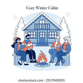 Hello Winter concept. Friends gather by a fire outside a snowy cabin, embracing the warmth and joy of the season. Outdoor bonding, wood home, chilly weather comfort. Vector illustration.