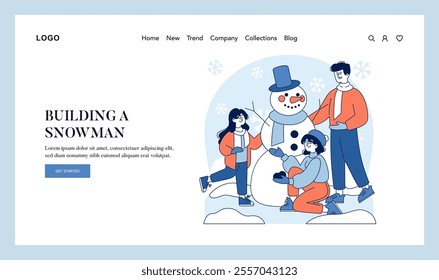 Hello Winter concept. A happy family enjoys building a snowman, capturing the joyous spirit of winter activities. Winter fun, family bonding, playful snow day. Vector illustration.