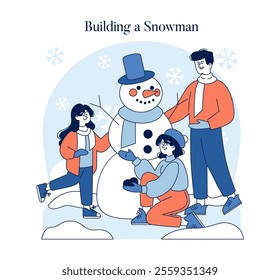 Hello Winter concept. A happy family enjoys making a snowman in the snowy season, capturing a joyful moment of winter fun together. Vector illustration.