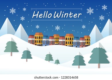 Hello Winter concept and mountain landscape in flat design