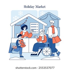 Hello Winter concept. Shoppers enjoy a festive holiday market with a variety of goods, sharing joyous winter moments. Vector illustration.