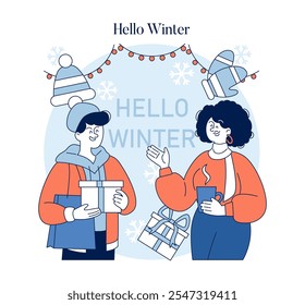 Hello Winter concept. Two friends exchanging gifts, celebrating the festive cheer of the winter season. Snowflakes, warm drinks, and outdoor holiday decorations. Vector illustration.