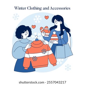 Hello Winter concept. Two women celebrate the season by showcasing winter clothing and accessories with joy. Holiday shopping, cheerful moments, warm apparel. Vector illustration.