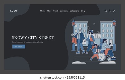 Hello Winter concept. Urban scene with people enjoying a snowy street, reflecting the joy of the winter season. Cozy city atmosphere with festive vibes. Vector illustration.
