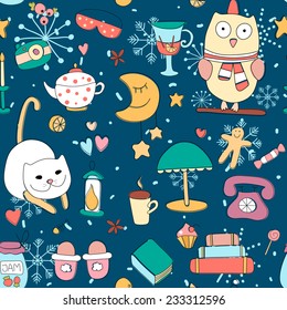 Hello winter and cozy evening illustration.Concept vintage seamless pattern. Cute elements for your design. 