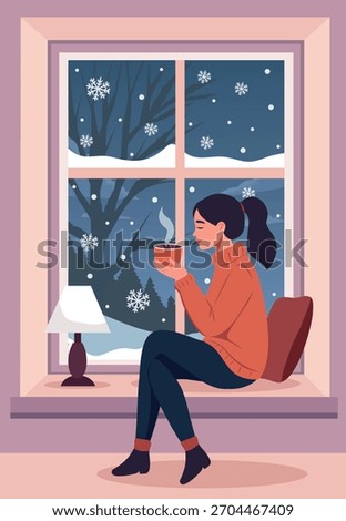 Hello, winter! A cozy vector illustration of a woman sitting on a windowsill with a mug of hot cocoa on a winter evening. Snow-covered view from the window. For winter designs, posters, social media