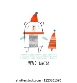 Hello winter. Creative hand drawn card for winter holidays with cute bear. Vector cartoon illustration. Hand drawn typography poster. Xmas design. Bright colors