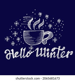 Hello Winter, cup of coffee on a blue background