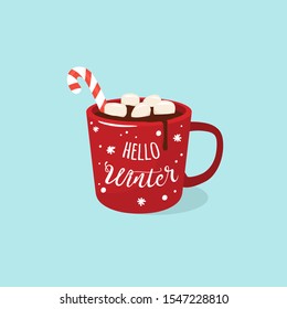 Hello Winter. Cup of a Hot Chocolate with marshmallows and candy cane. Vector