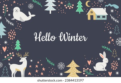 Hello winter cute background. Set of traditional Christmaas and New Year elements. Deer and rabbit near christmas tree and house. Pine branches and berries. Cartoon flat vector illustration