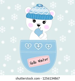 Hello winter. Cute bear sitting in a pocket and smiling fun. Sweet kids graphics for t-shirts. Greeting card. Vector