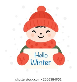 Hello winter. Cute boy in winter clothes. Vector illustration